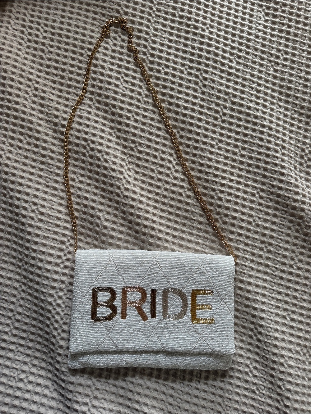 White 'BRIDE' Beaded Clutch with Gold Chain